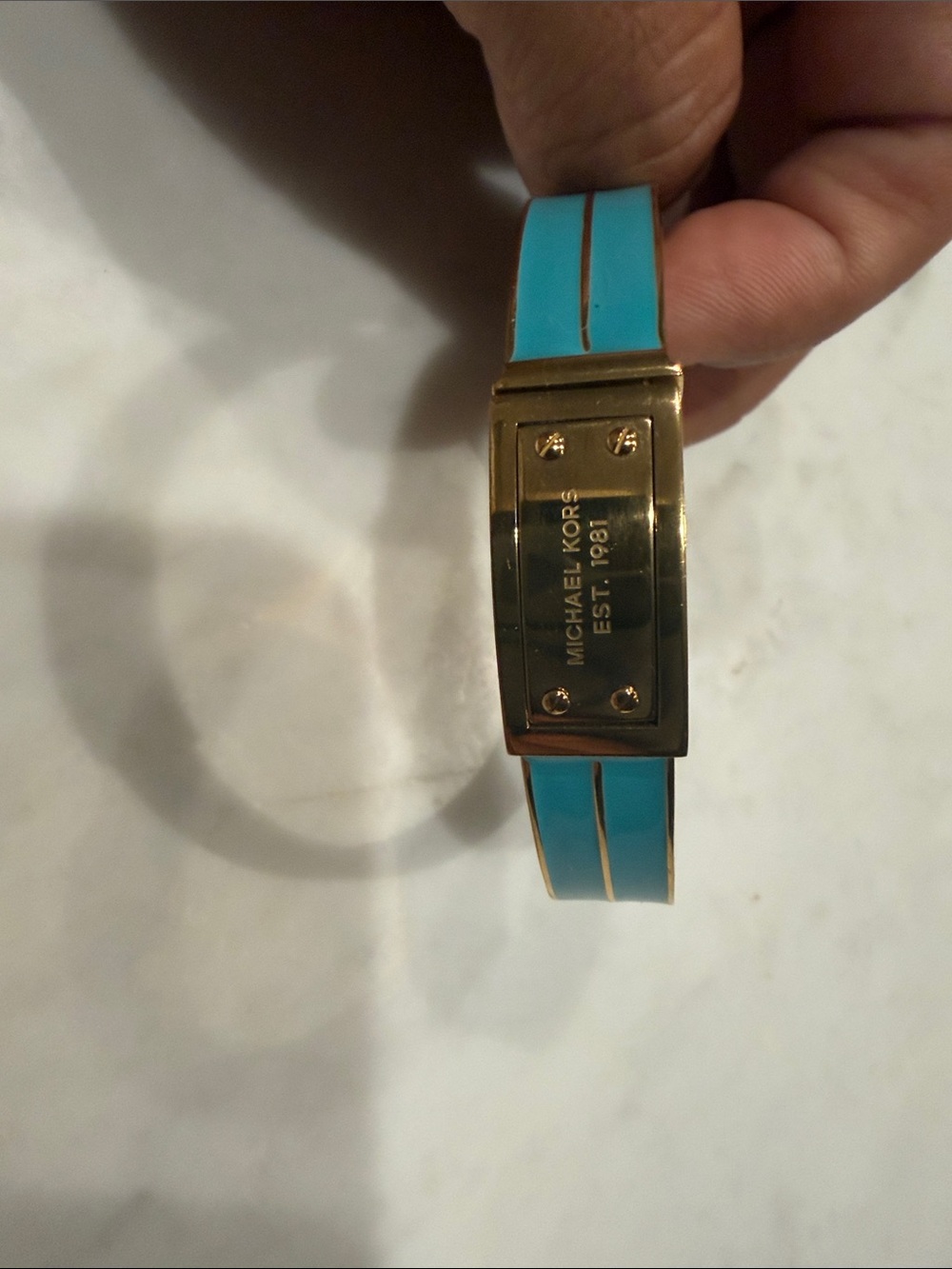Michael Kors Logo Plaque Gold Tone Enamel Bangle Bracelet/Turquoise/ Hinged